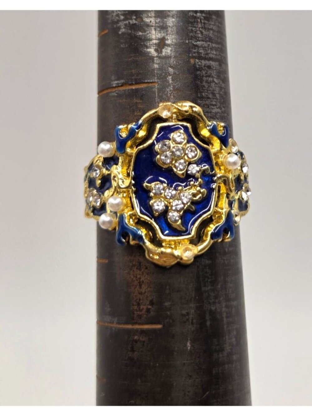Antique-Style Gold Ring With Blue Enamel Pearl & Crystal Accent Size 10